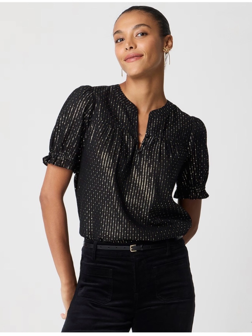 NWT J.Crew Metallic-Dot Puff-Sleeve Top Black/Gold Size S Small